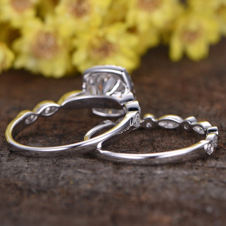 Handmade 14K White Gold Lab Diamond Halo Bridal Ring Set Are Deco Milgrain Diamond Engagement Ring
