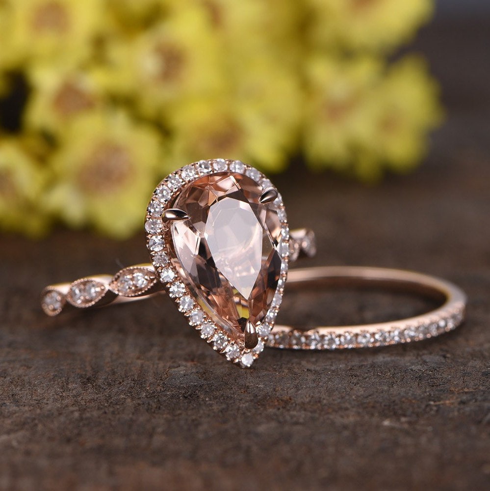Morganite Pear Cut Engagement Ring Set, Rose Gold Diamond Band