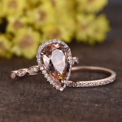 Morganite Pear Cut Engagement Ring Set, Rose Gold Diamond Band
