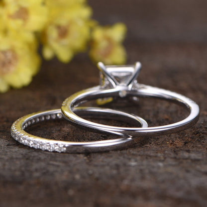 1ct Princess Cut CVD Grown Diamond Engagement Ring Set - 14K White Gold Wedding Band
