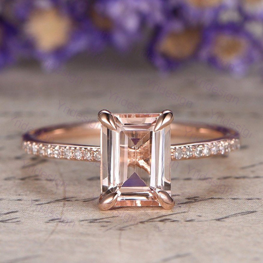 Emerald cut natural morganite engagement ring 14K rose gold morganite diamond bridal ring for women antique promise ring for women - PENFINE