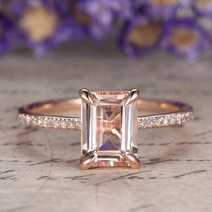 Emerald cut natural morganite engagement ring 14K rose gold morganite diamond bridal ring for women antique promise ring for women - PENFINE
