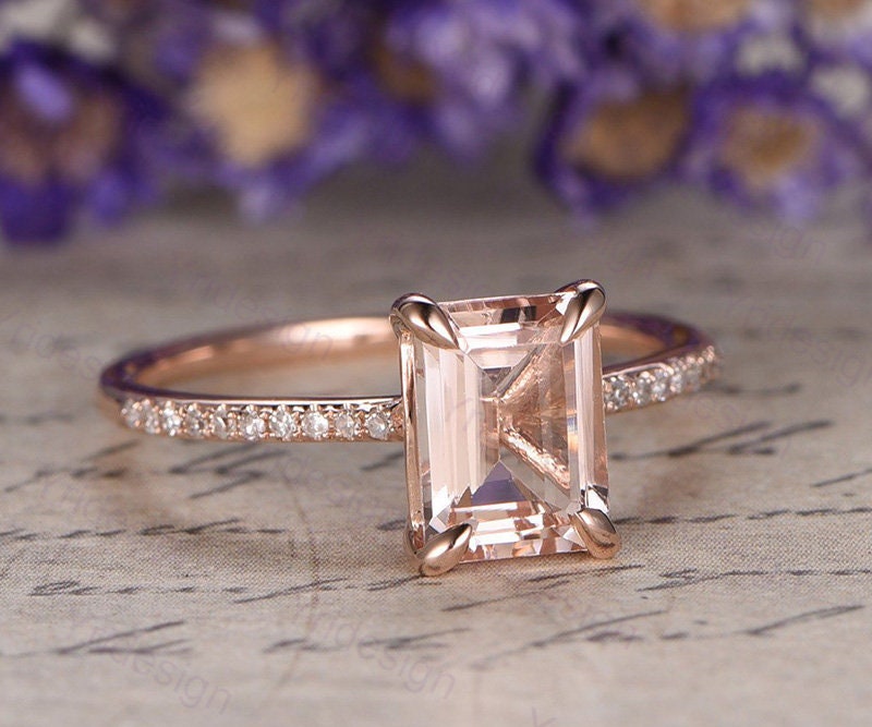 Emerald cut natural morganite engagement ring 14K rose gold morganite diamond bridal ring for women antique promise ring for women - PENFINE