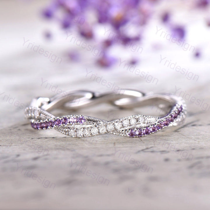 Amethyst Diamond Wedding Band, White Gold Eternity Twisted Ring - PENFINE