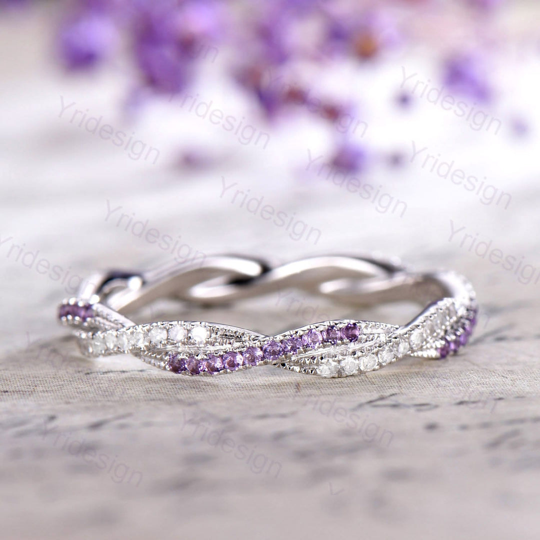 Amethyst Diamond Wedding Band, White Gold Eternity Twisted Ring - PENFINE