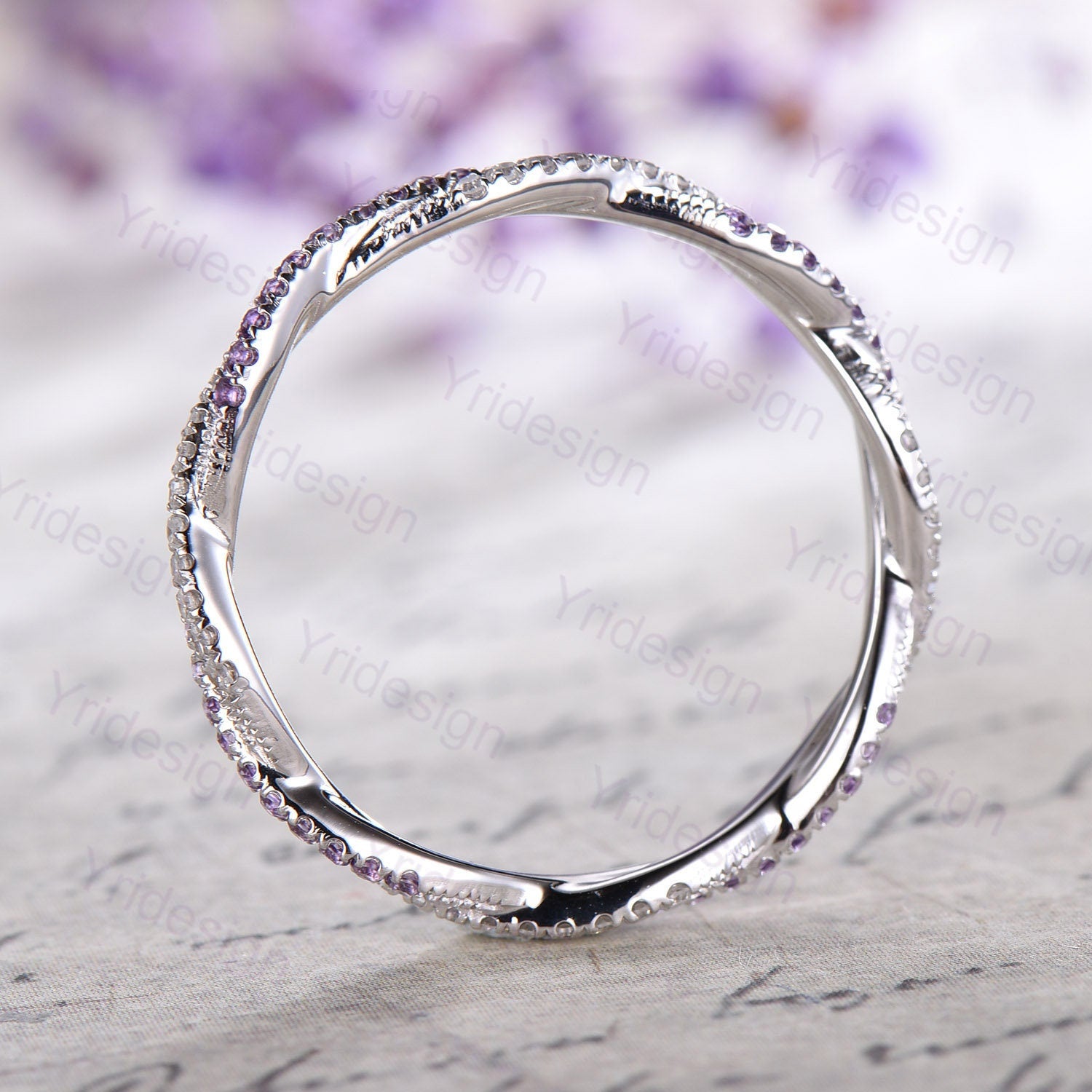 Amethyst Diamond Wedding Band, White Gold Eternity Twisted Ring - PENFINE