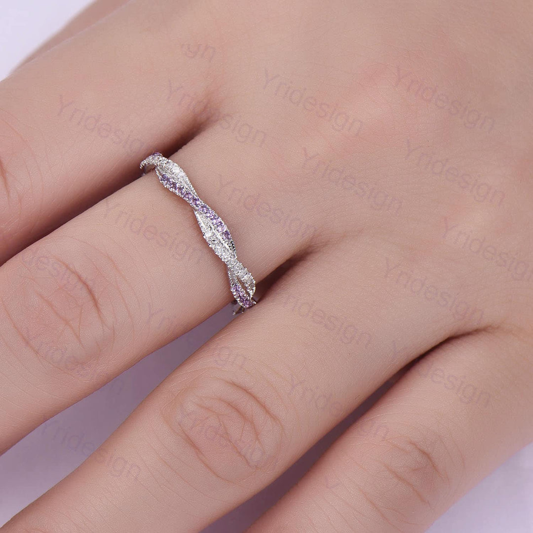 Amethyst Diamond Wedding Band, White Gold Eternity Twisted Ring - PENFINE