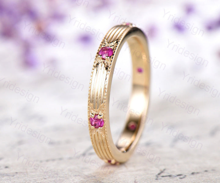 Vintage Ruby Wedding Band Filigree Milgrain Edge, Floral Design, Antique Promise Bridal Ring, July Birthstone Stacking Ring Anniversary Gift - PENFINE