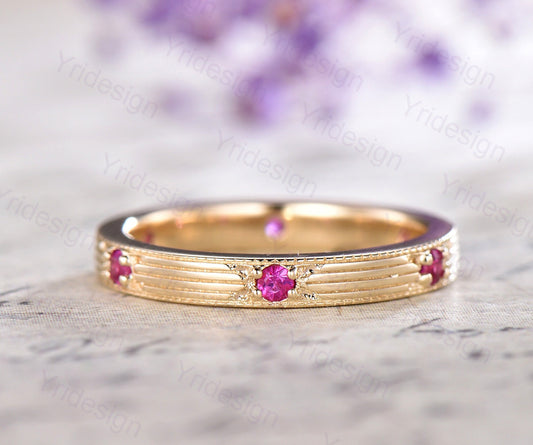 Vintage Ruby Wedding Band Filigree Milgrain Edge, Floral Design, Antique Promise Bridal Ring, July Birthstone Stacking Ring Anniversary Gift - PENFINE