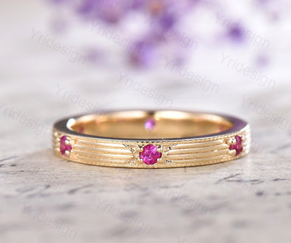 Vintage Ruby Wedding Band Filigree Milgrain Edge, Floral Design, Antique Promise Bridal Ring, July Birthstone Stacking Ring Anniversary Gift - PENFINE