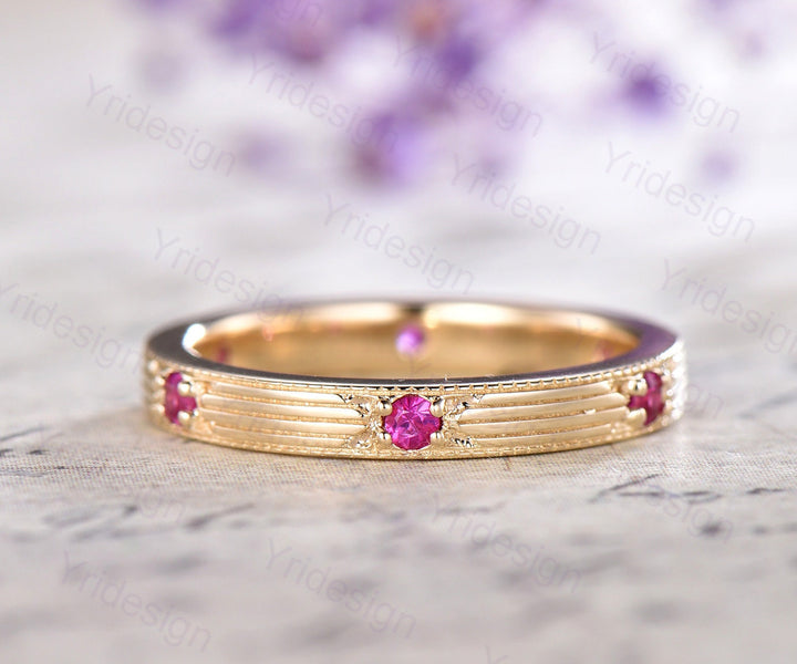 Vintage Ruby Wedding Band Filigree Milgrain Edge, Floral Design, Antique Promise Bridal Ring, July Birthstone Stacking Ring Anniversary Gift - PENFINE