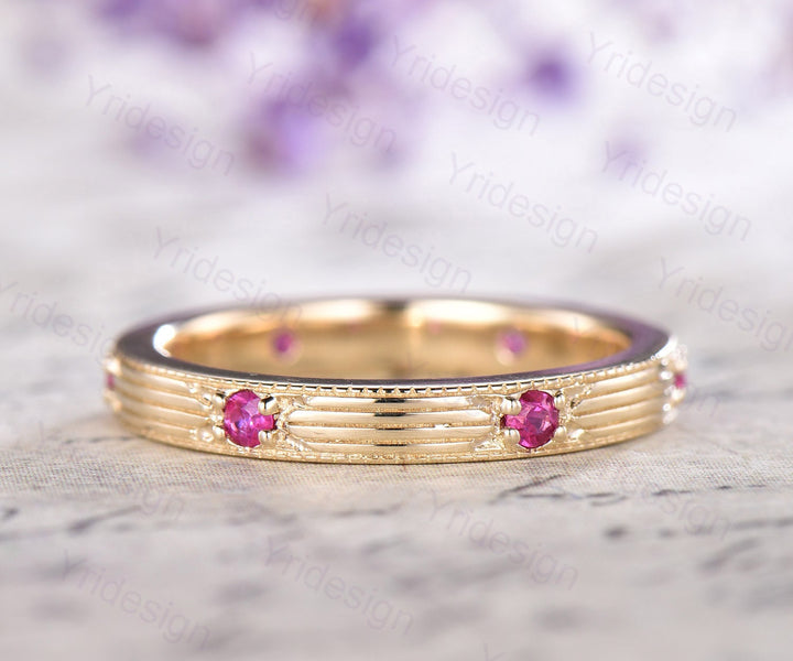 Vintage Ruby Wedding Band Filigree Milgrain Edge, Floral Design, Antique Promise Bridal Ring, July Birthstone Stacking Ring Anniversary Gift - PENFINE