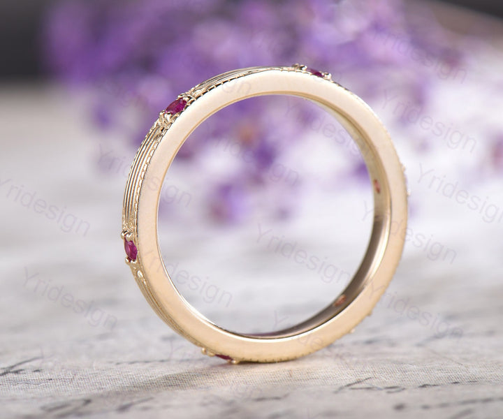 Vintage Ruby Wedding Band Filigree Milgrain Edge, Floral Design, Antique Promise Bridal Ring, July Birthstone Stacking Ring Anniversary Gift - PENFINE