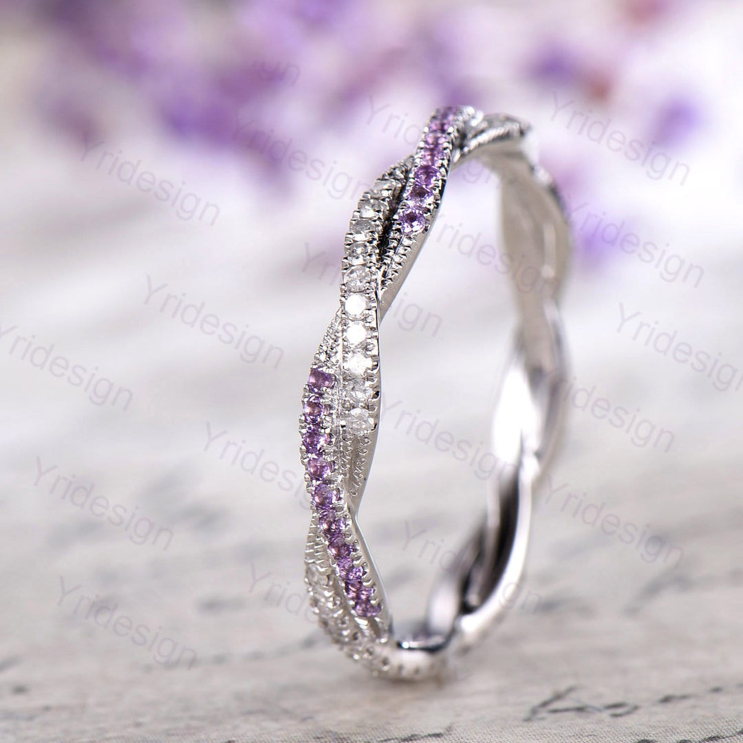Amethyst Diamond Wedding Band, White Gold Eternity Twisted Ring - PENFINE