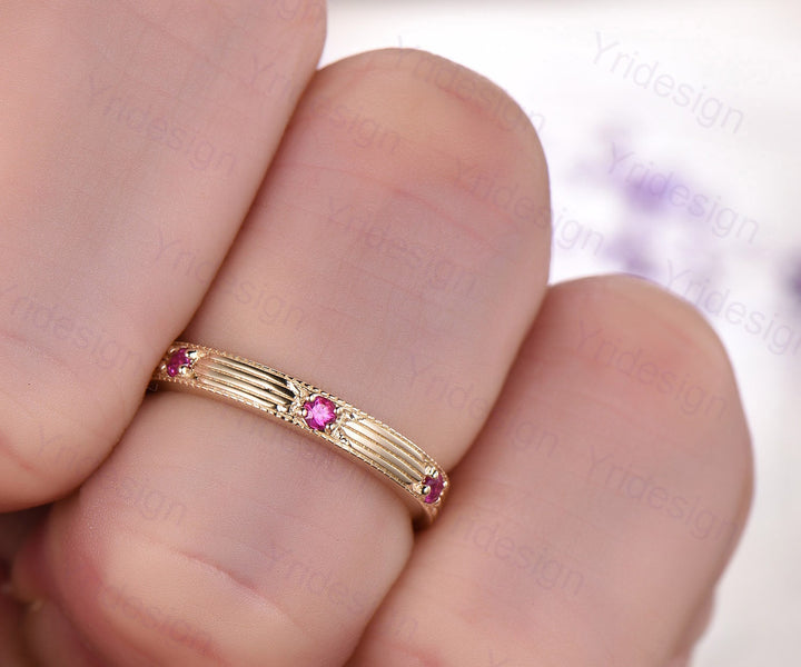 Vintage Ruby Wedding Band Filigree Milgrain Edge, Floral Design, Antique Promise Bridal Ring, July Birthstone Stacking Ring Anniversary Gift - PENFINE