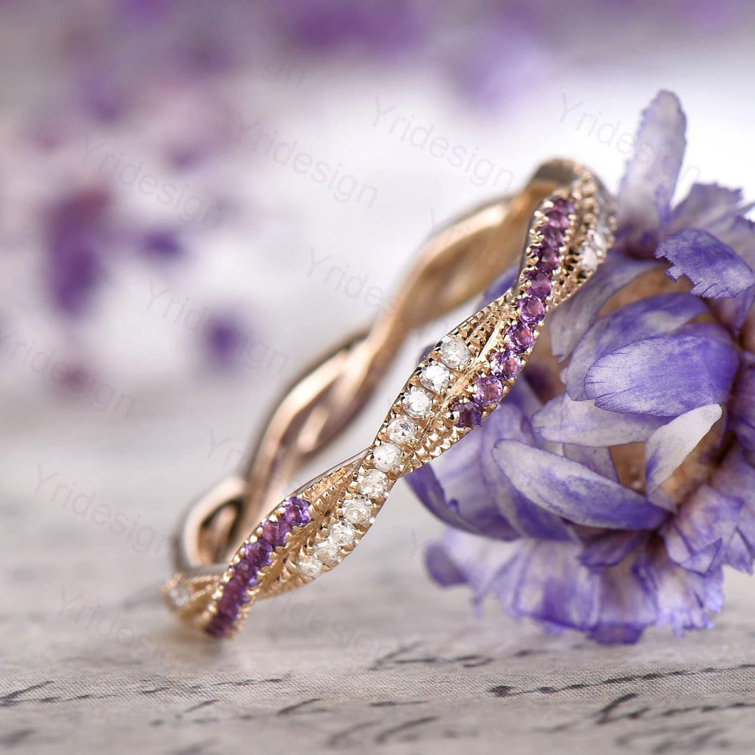 Amethyst Diamond Wedding Band, White Gold Eternity Twisted Ring - PENFINE