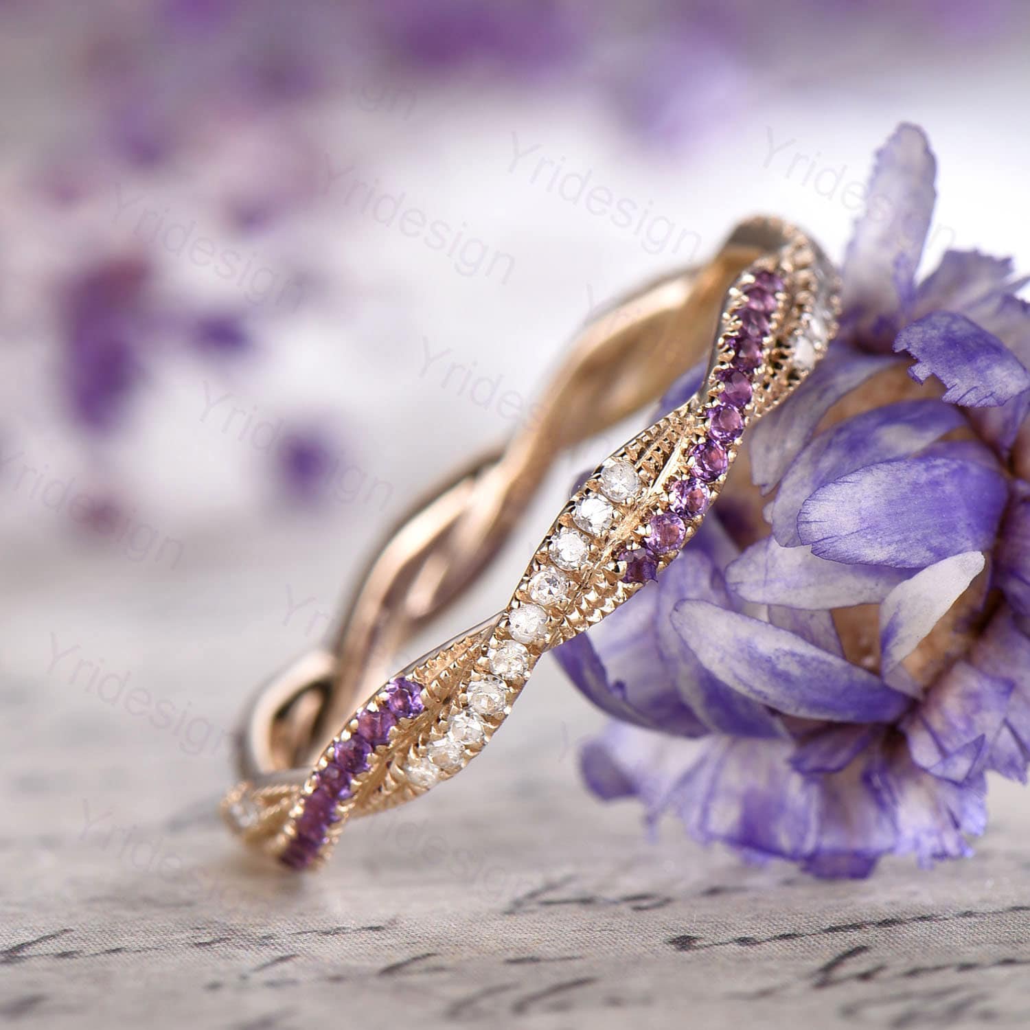 Amethyst Diamond Wedding Band, White Gold Eternity Twisted Ring - PENFINE