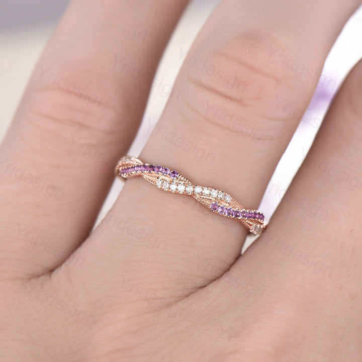 Amethyst Diamond Wedding Band, White Gold Eternity Twisted Ring - PENFINE