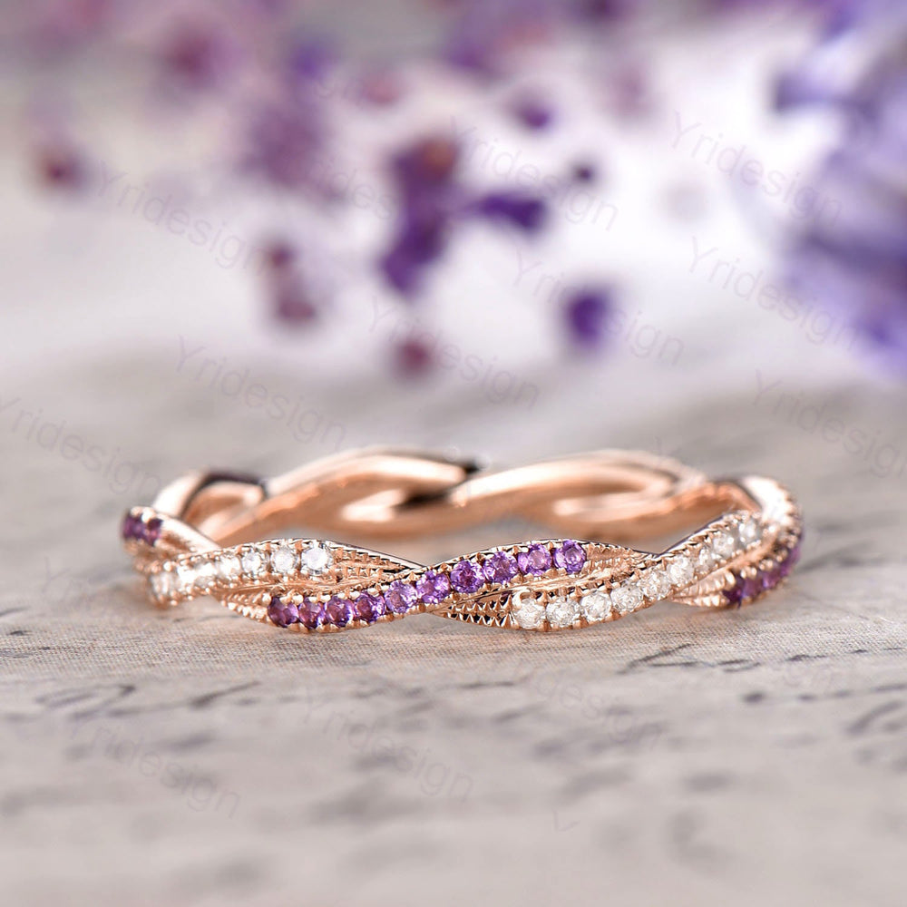 Amethyst Diamond Wedding Band, White Gold Eternity Twisted Ring - PENFINE