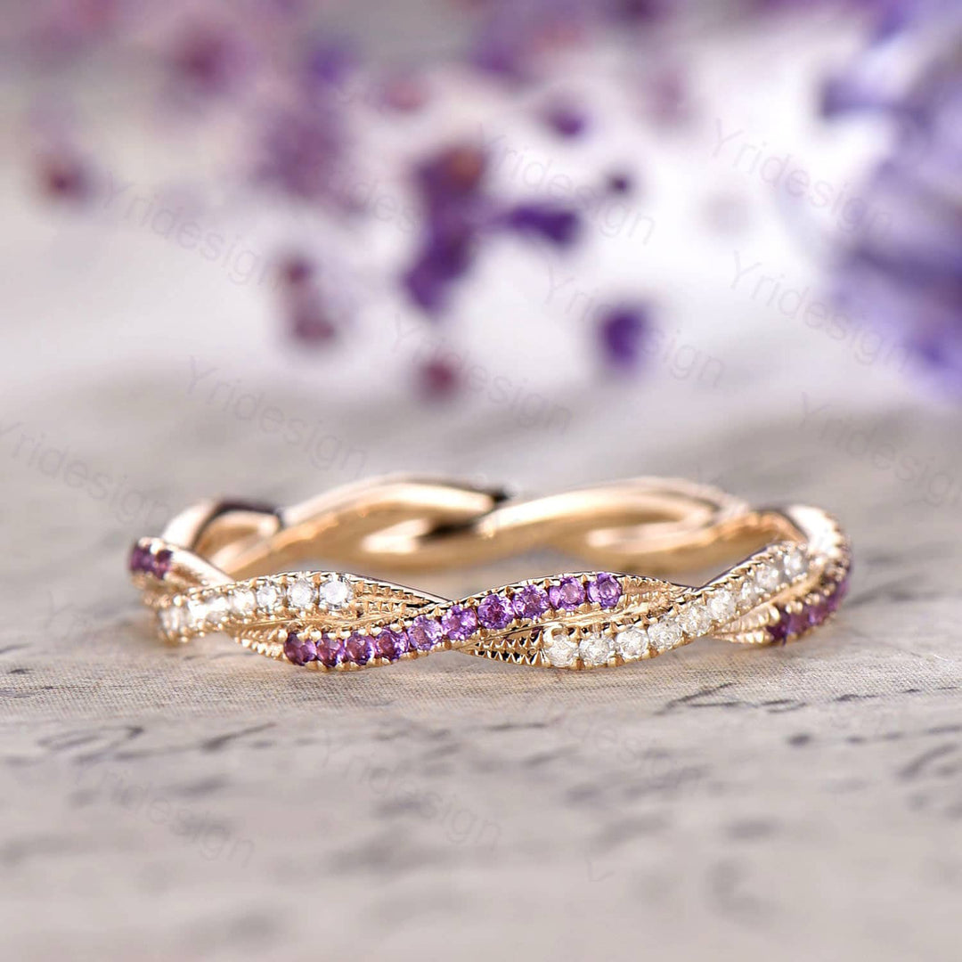 Amethyst Diamond Wedding Band, White Gold Eternity Twisted Ring - PENFINE