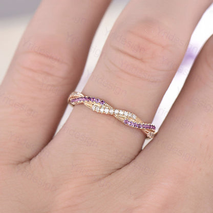 Amethyst Diamond Wedding Band, White Gold Eternity Twisted Ring - PENFINE