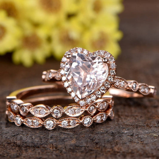 Heart Morganite Engagement Ring Set, Rose Gold Diamond Art Deco Wedding Bands