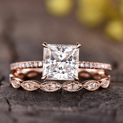 3ct Princess Cut Lab Grown Diamond Engagement Ring Set: 14k Rose Gold Wedding Band
