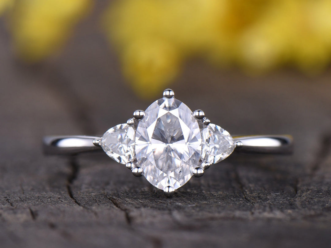 Oval Moissanite Engagement Ring, Trillion Accent, 14K White Gold