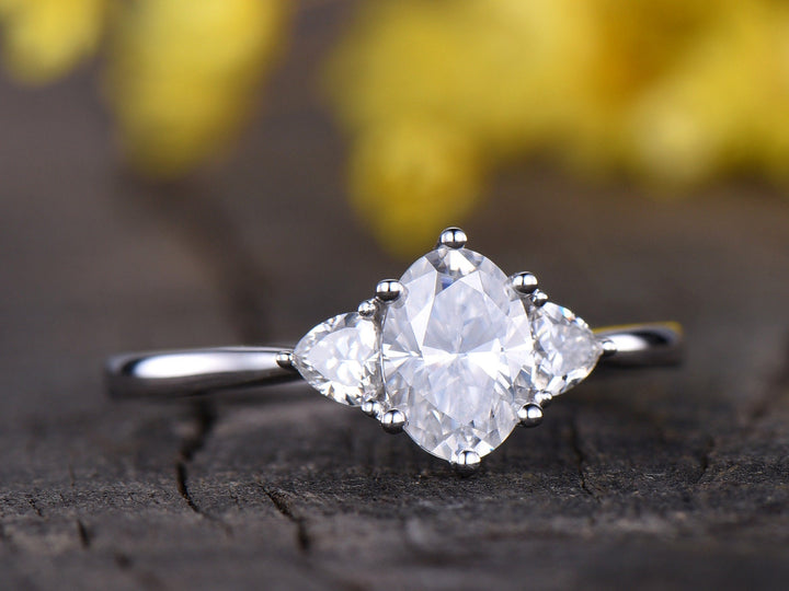 Oval Moissanite Engagement Ring, Trillion Accent, 14K White Gold