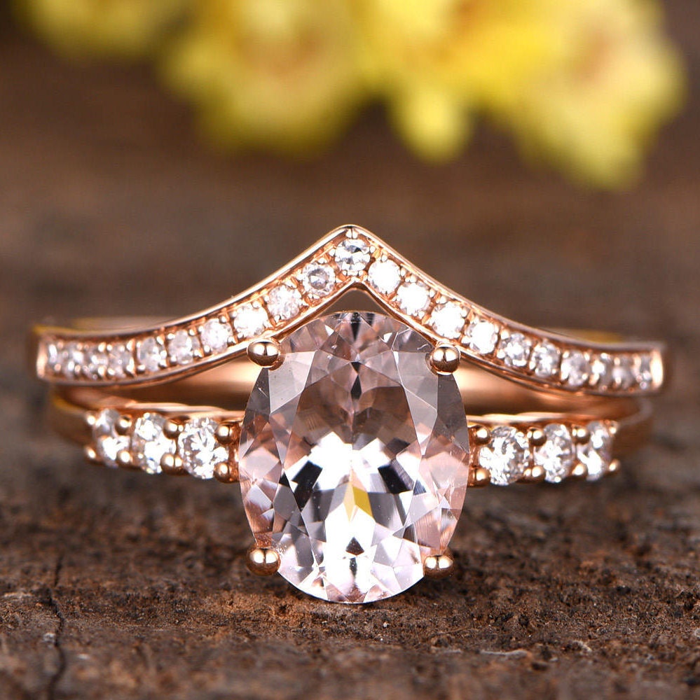 Oval Morganite Engagement Ring Set: 14K Rose Gold, Diamond Wedding Band