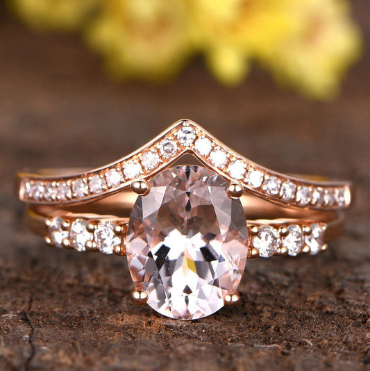 Oval Morganite Engagement Ring Set: 14K Rose Gold, Diamond Wedding Band