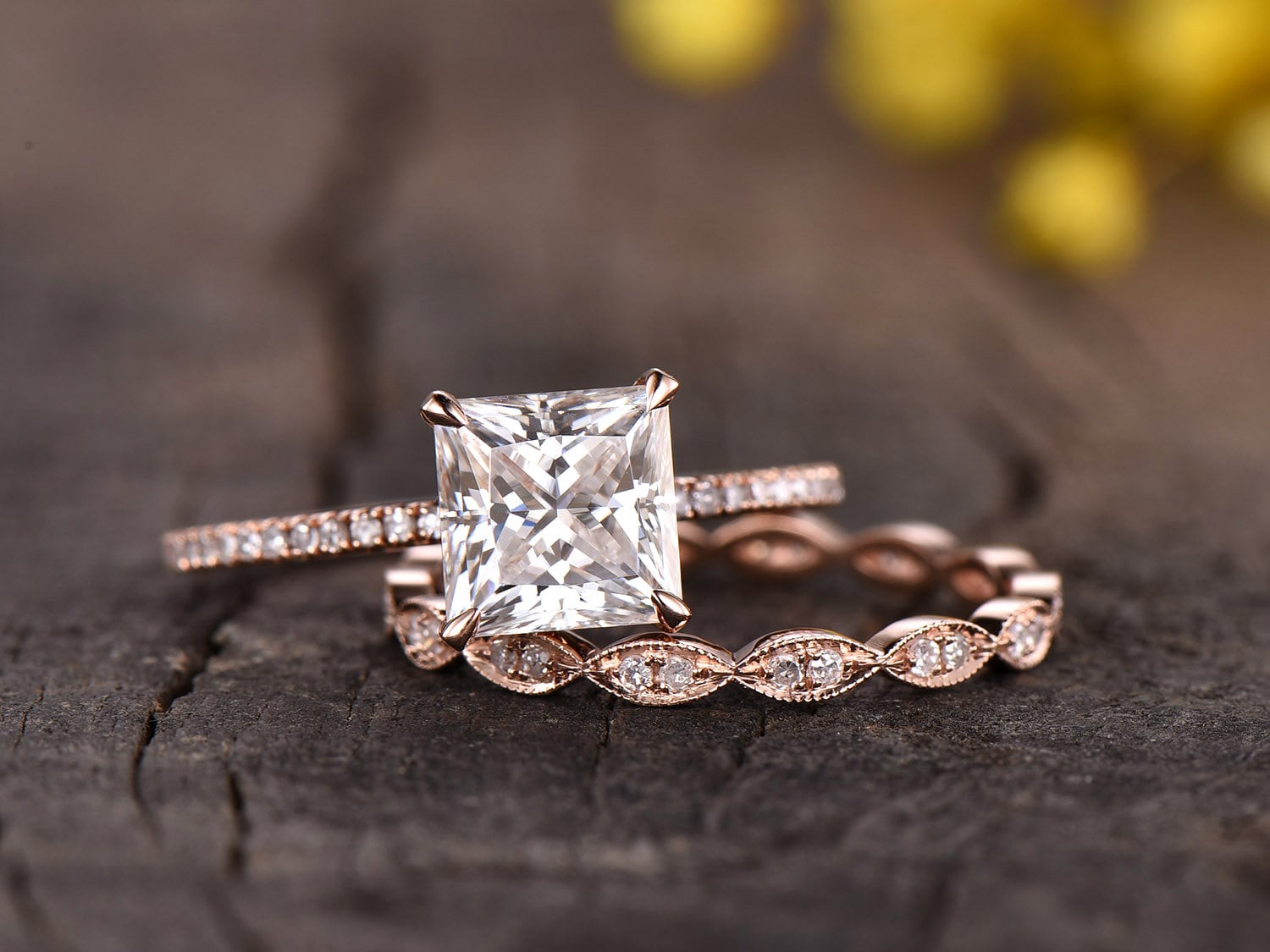3ct Princess Cut Lab Grown Diamond Engagement Ring Set: 14k Rose Gold Wedding Band