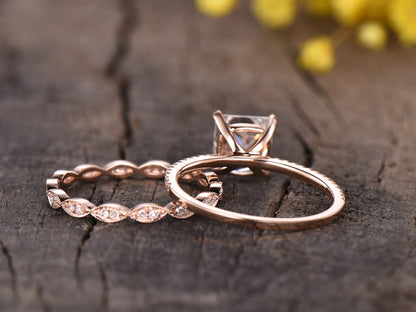 3ct Princess Cut Lab Grown Diamond Engagement Ring Set: 14k Rose Gold Wedding Band