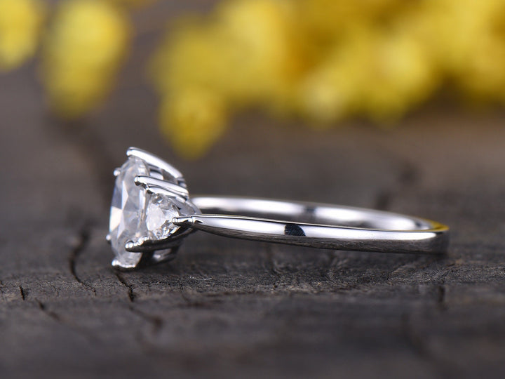 Oval Moissanite Engagement Ring, Trillion Accent, 14K White Gold