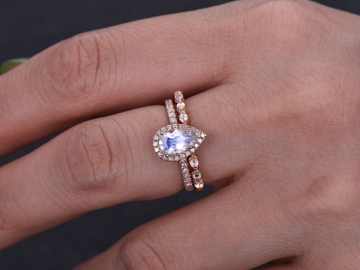 Vintage Pear Rainbow Moonstone Ring Set, 14K Rose Gold, Diamond Wedding Band