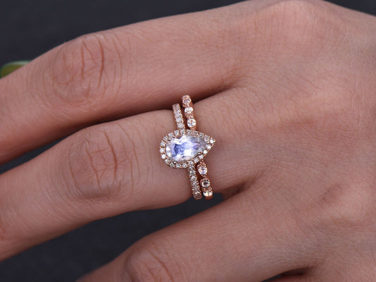 Vintage Pear Rainbow Moonstone Ring Set, 14K Rose Gold, Diamond Wedding Band