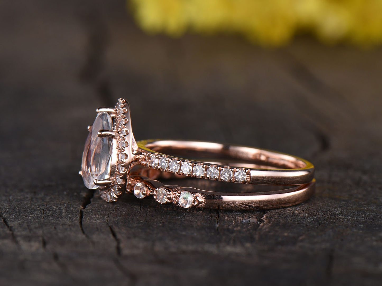 Vintage Pear Rainbow Moonstone Ring Set, 14K Rose Gold, Diamond Wedding Band