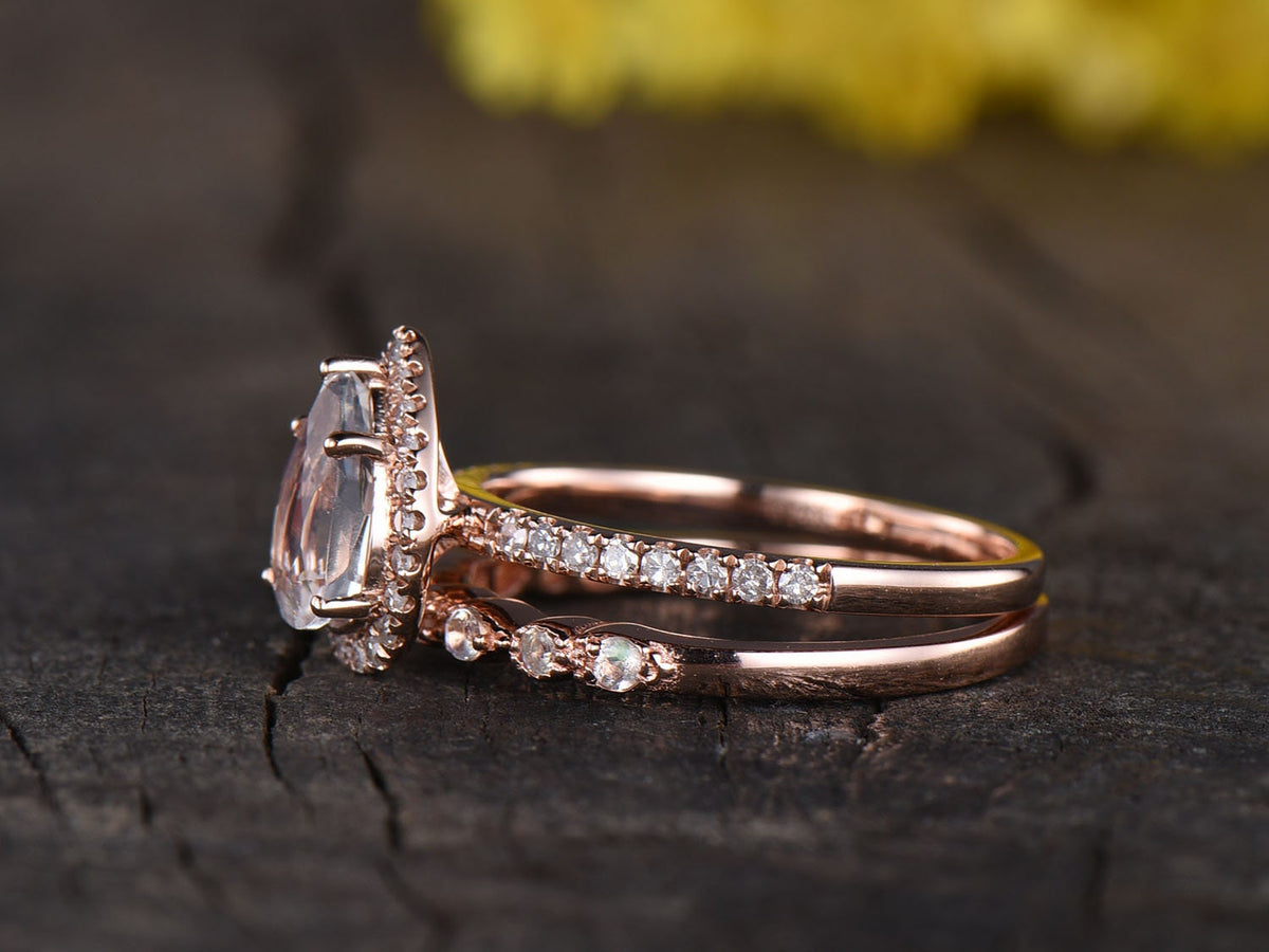 Vintage Pear Rainbow Moonstone Ring Set, 14K Rose Gold, Diamond Wedding Band