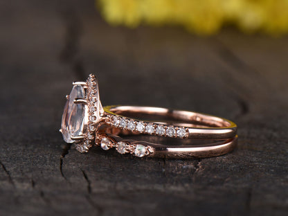 Vintage Pear Rainbow Moonstone Ring Set, 14K Rose Gold, Diamond Wedding Band