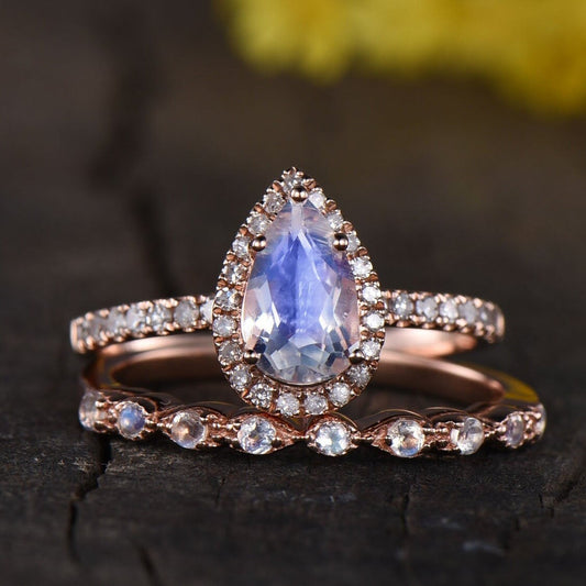 Vintage Pear Rainbow Moonstone Ring Set, 14K Rose Gold, Diamond Wedding Band