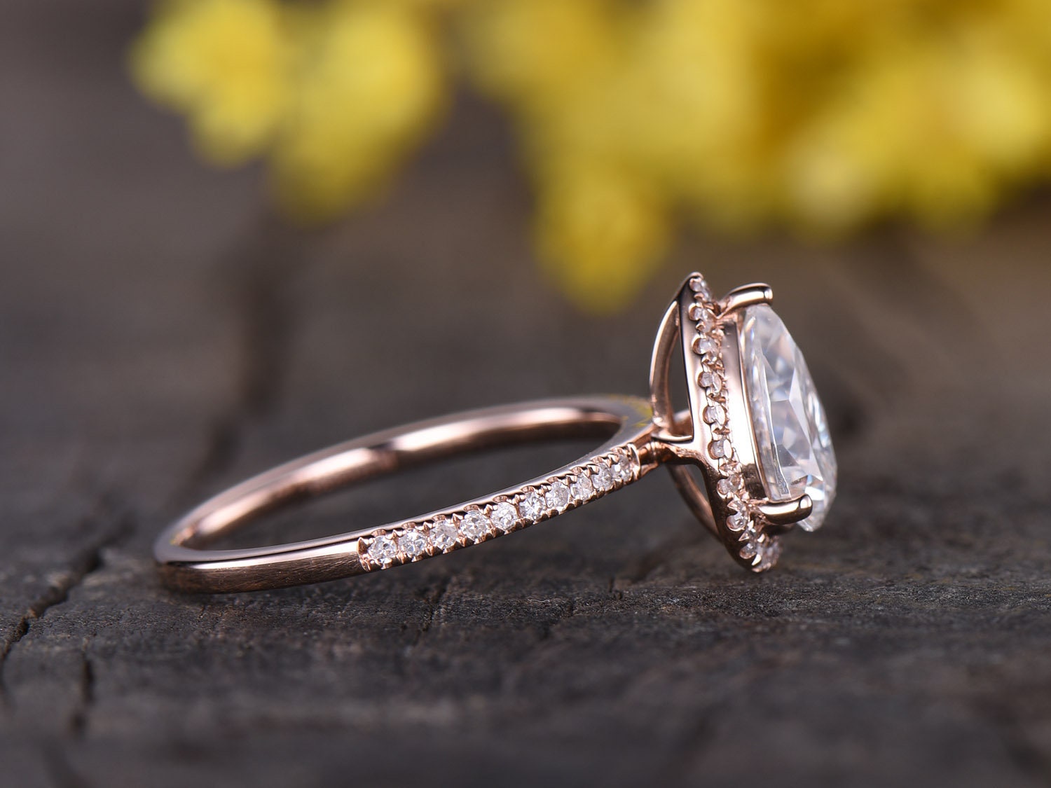 IGI Certified Pear Lab Grown Diamond Ring, Rose Gold Halo Eternity Band