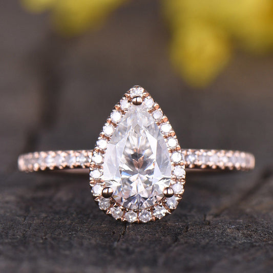 IGI Certified Pear Lab Grown Diamond Ring, Rose Gold Halo Eternity Band
