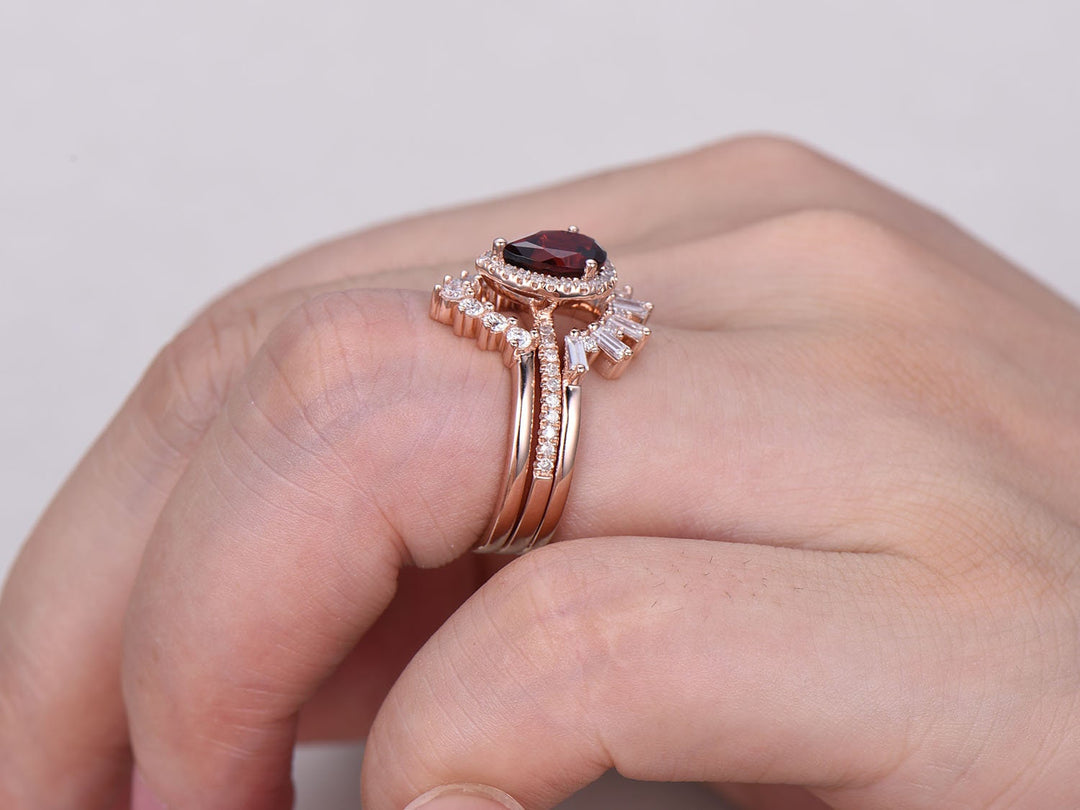 Art Deco Moonstone Engagement Ring Set, Rose Gold Antique Style