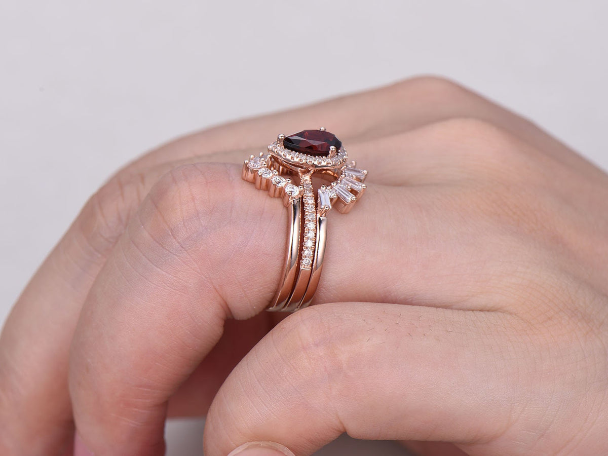 Art Deco Moonstone Engagement Ring Set, Rose Gold Antique Style