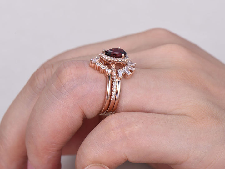 Art Deco Moonstone Engagement Ring Set, Rose Gold Antique Style