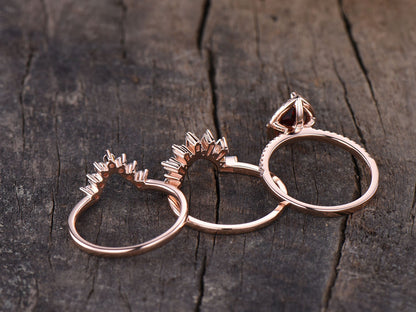 Art Deco Moonstone Engagement Ring Set, Rose Gold Antique Style