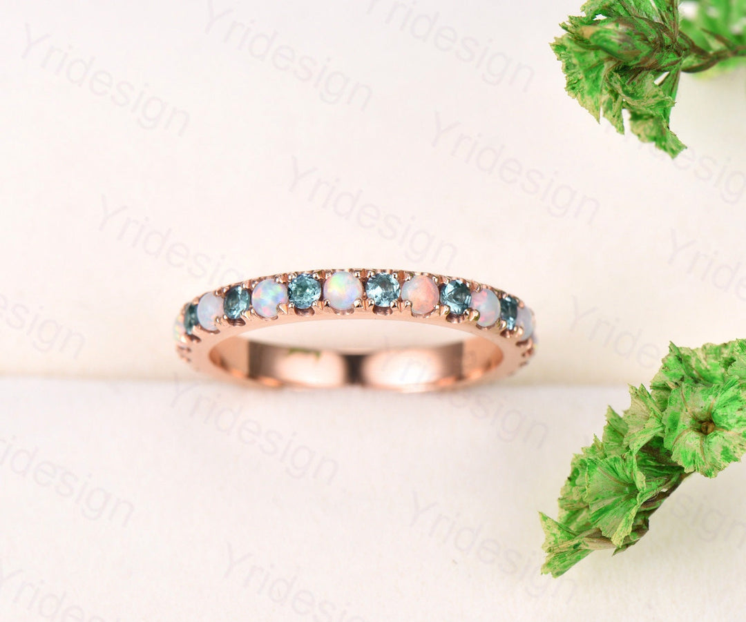 Vintage opal and alexandrite wedding band delicate silver rose gold opal alexandrite stacking band art deco anniversary promise gift - PENFINE