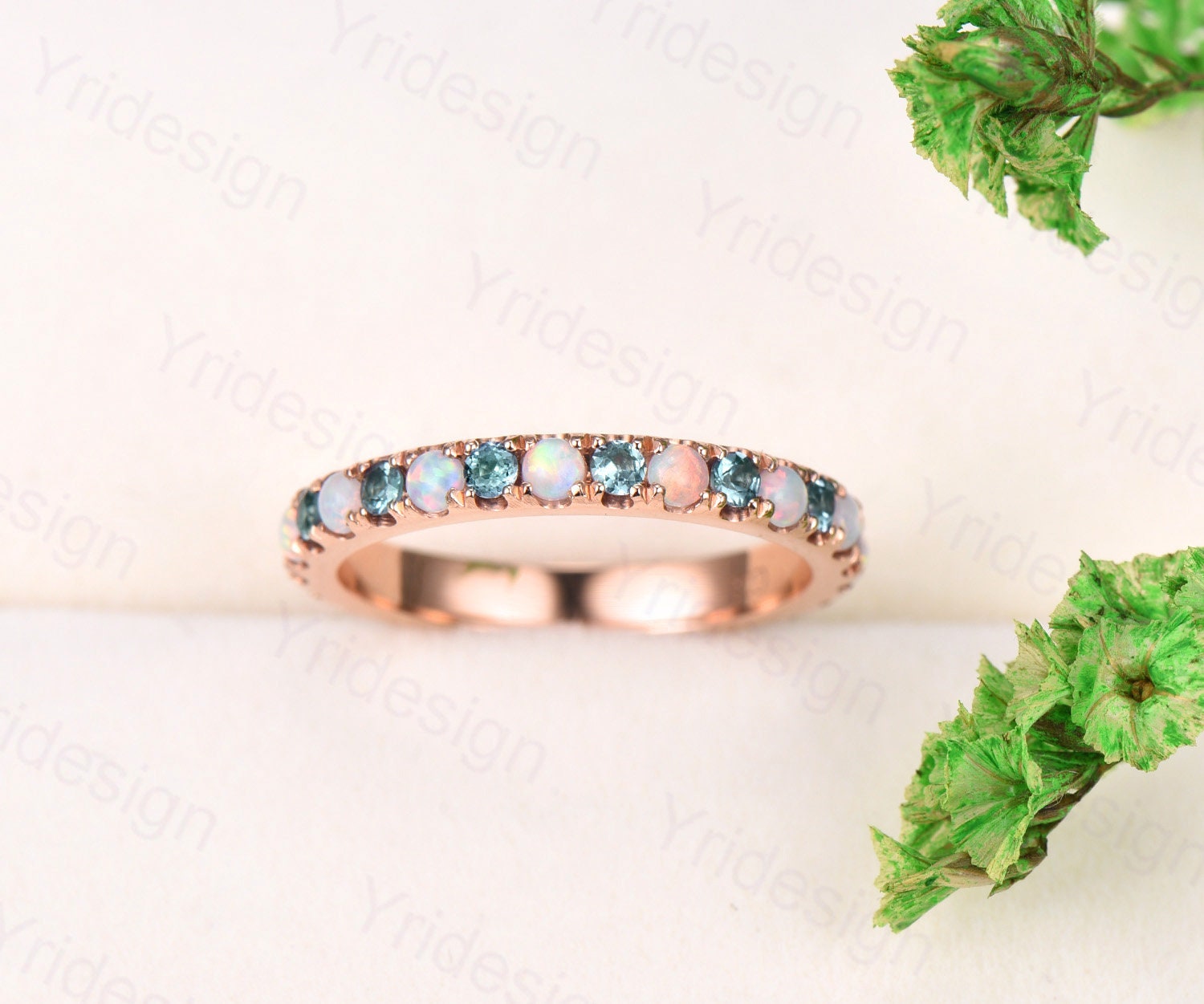 Vintage opal and alexandrite wedding band delicate silver rose gold opal alexandrite stacking band art deco anniversary promise gift - PENFINE