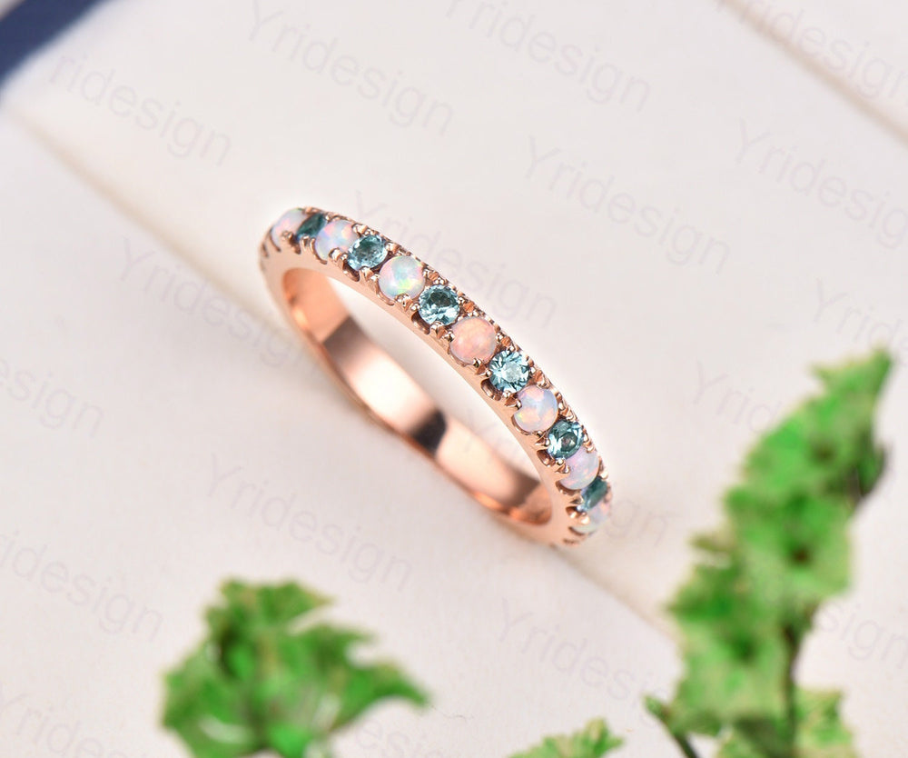 Vintage opal and alexandrite wedding band delicate silver rose gold opal alexandrite stacking band art deco anniversary promise gift - PENFINE