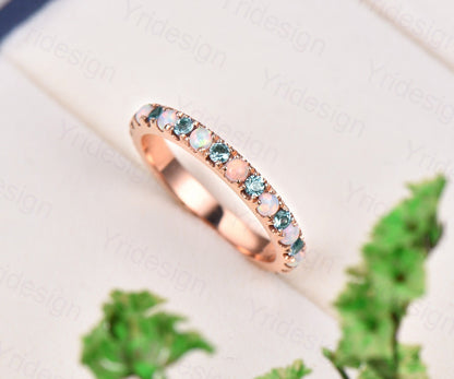 Vintage opal and alexandrite wedding band delicate silver rose gold opal alexandrite stacking band art deco anniversary promise gift - PENFINE